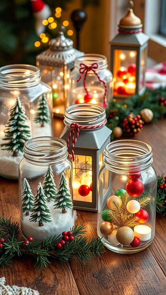 Decorative glass jars for Christmas with snow scenes, lanterns, and ornaments on a wooden table.